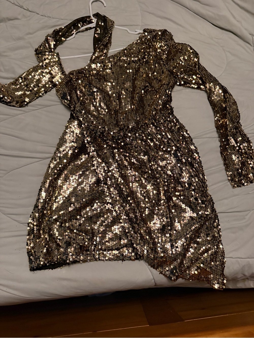 Sequin One-Shoulder Long Sleeve Mini Dress - Gold sequin